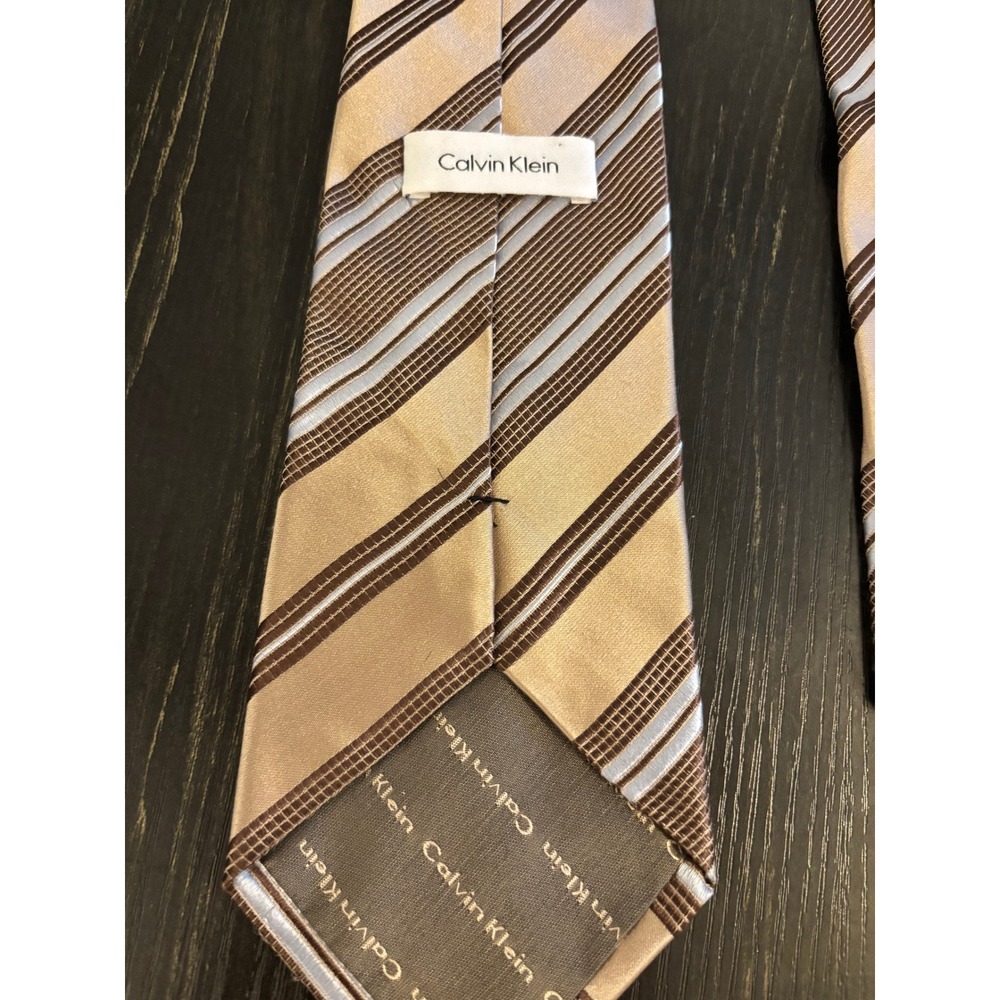 Calvin Klein | Mens Silk Tie Gold Brown Blue Striped Geometric Pattern Necktie
